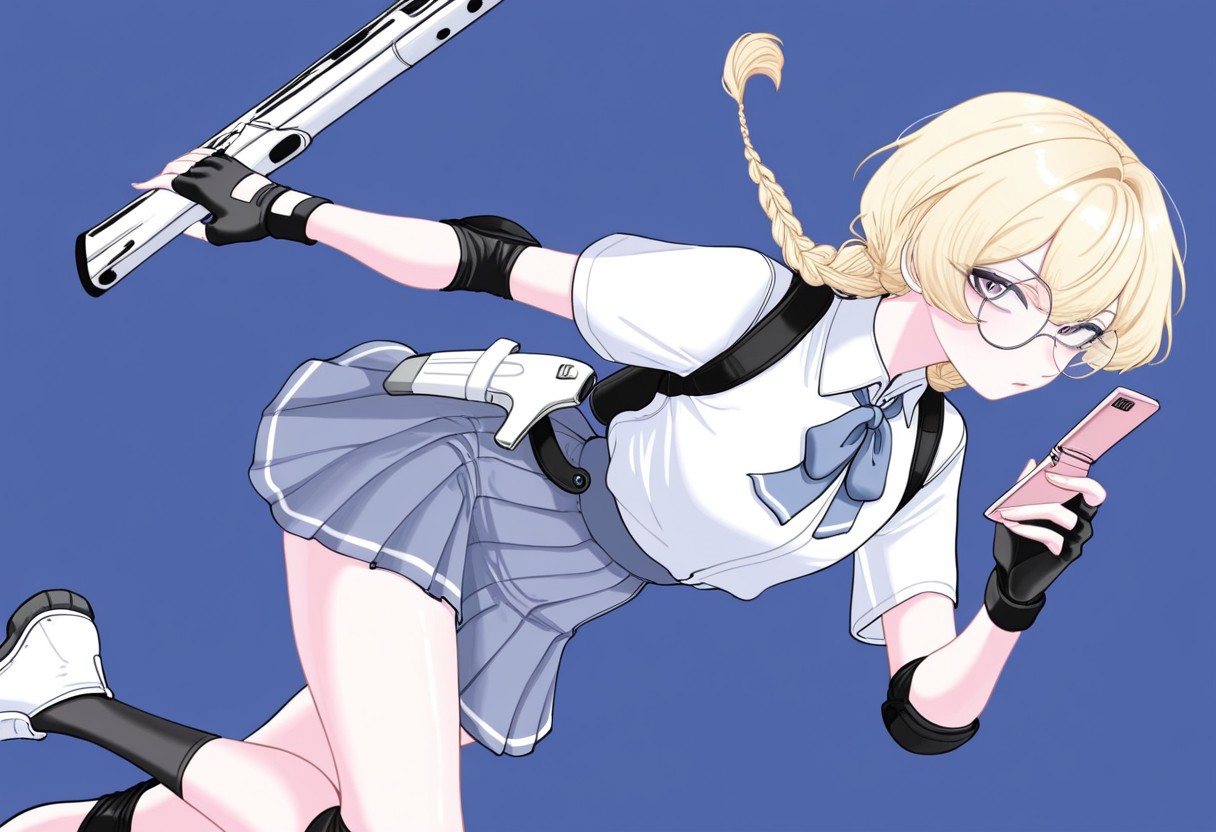 duckgu, high quality, solo, 1girl, skinny, androgynous, looking at viewer, round eyewear, blond hair, long twintail braids, white school uniform, skirt, knee and elbow pads, fingerless gloves, holding flip phone, holstered rifle to the side, medium breast, mid movement, dynamic pose, absurdres