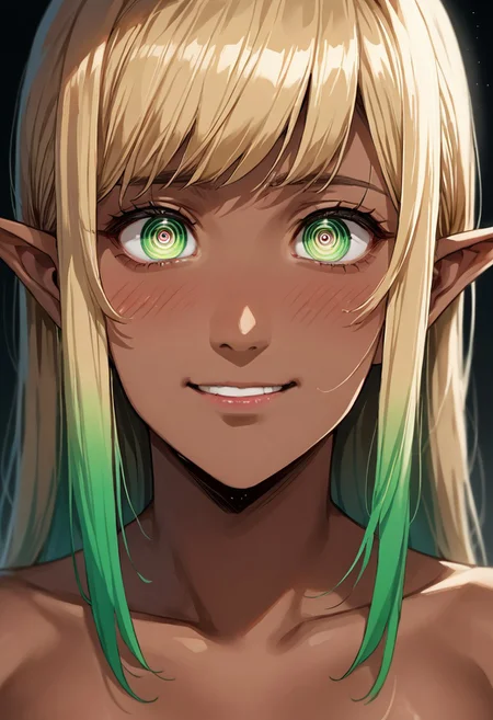 score_9, score_8_up, score_8, (source_anime:1.2), eyedetailxl, bettereyes, detailed_eyes, Makima\(Chainsawman\), BREAK, Makima:1.2, blush, perfect face, 1woman, 22 years old, (bright_pupils), (ringed eyes), blonde hair, gradient hair, dark skin, pointy ears, elf girl, highly detailed, dark-skinned_female, tanned skin, embarrassed, collarbone, bare shoulders, green eyes, close-up, focus on eyes, focus on face, (depth of field), shadows, dark background, eerie glow, smirk