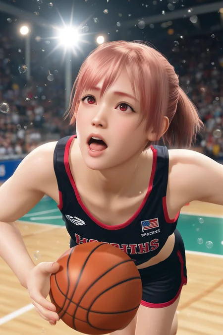 score_9,score_8,score_7_up,best quality,high detailed, realistic, honoka \(doaxvv\), red eyes, pink hair,v-shaped_eyebrows, short ponytail, asymmetrical bangs, hair between eyes, jumping, looking up,open mouth, pov,from above,foreshortening, player at foreground,blurry_foreground, holding basketball, basketball uniform, black shirt, black shorts, sparkle, sportswear, sweat glistening on her face and skin, realistic sweat droplets flying, intense and athletic movement, outdoor court, dynamic motion blur, dramatic lightingâgolden hour sunset or bright stadium lights, dusty court with scuff marks, flying particles, competitive atmosphere, crowd blur in the background, depth of field focus <lora:doa_honoka_pdxl_v11:0.8000000000000002>