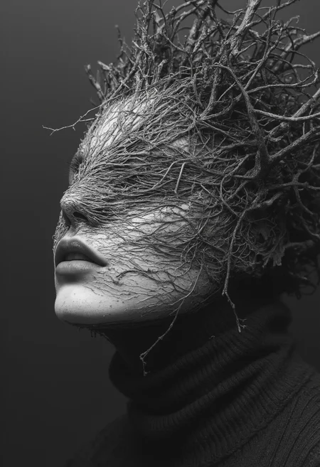 This is a high-resolution, black-and-white photograph of a person with their face partially obscured by a mass of tangled, root-like branches. The branches, which appear to be dry and weathered, cover the person's forehead, nose, and part of the mouth, creating a surreal and haunting effect. The person's lips are slightly parted, and their eyes are not visible due to the branches. The texture of the branches is rough and uneven, contrasting starkly with the smooth, almost porcelain-like skin of the person's face. The person is wearing a high-necked, long-sleeved garment that appears to be made of a thick, ribbed fabric, adding to the overall dramatic and eerie atmosphere of the image. The background is completely dark, making the person and the branches the focal point. The lighting is soft yet directional, highlighting the textures and shadows of the branches and the person's face. The photograph is highly stylized, combining elements of nature and human form in a striking and thought-provoking manner.