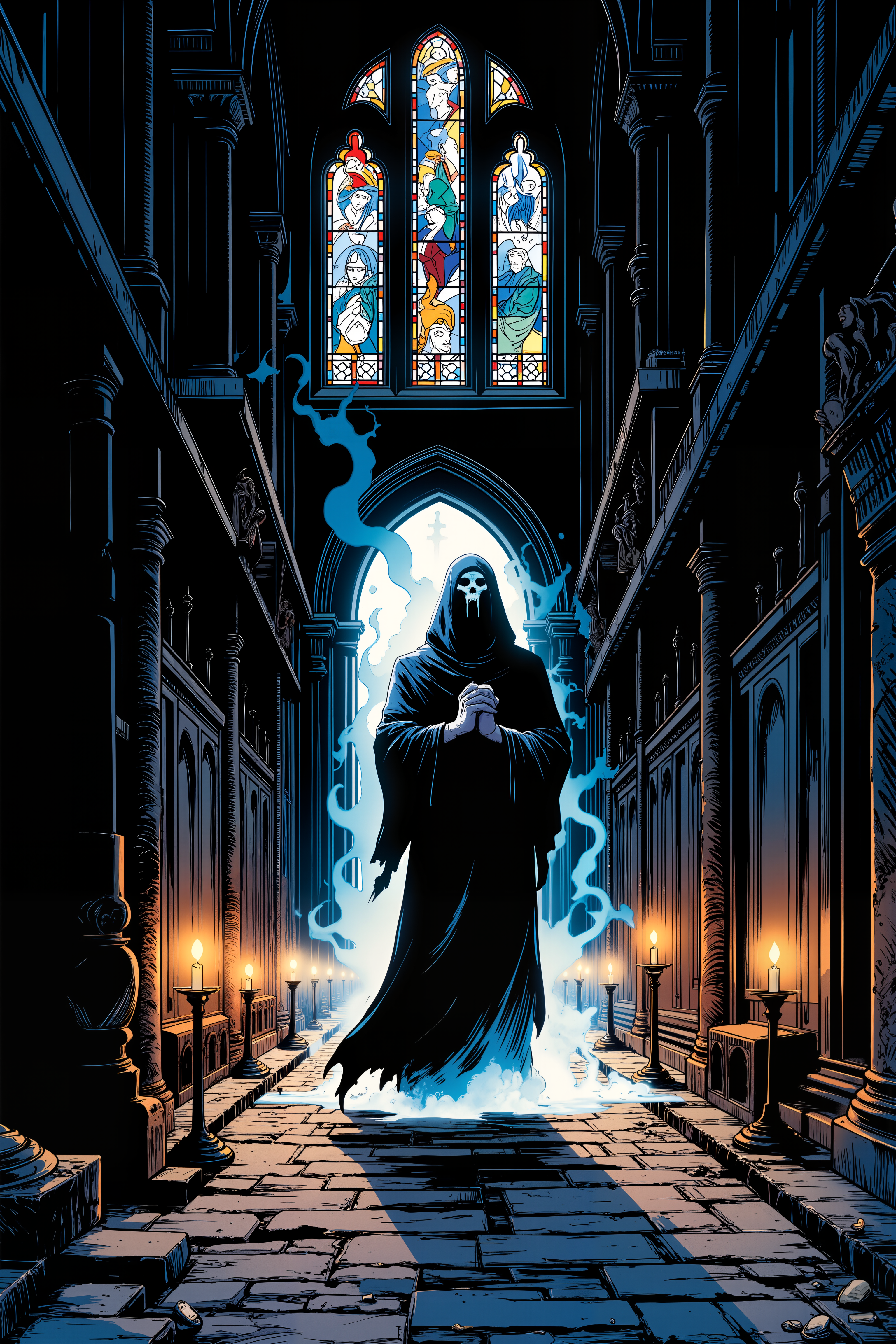 Deep within the labyrinthine halls of an ancient cathedral, a ghostly monk with hollow, sunken eyes and pale, ethereal skin drifts silently through the vast, empty corridors. His tattered robes flutter weightlessly around him, glowing faintly in the dim candlelight that flickers from forgotten alcoves and shadowy corners.  The air is heavy with the scent of burning incense and old stone, and the soft sound of distant chanting echoes faintly through the vaulted ceilings, as though the ghostly prayers of the long-dead monks still linger in the shadows. The monkâs hands are clasped together in a silent prayer, and his translucent form flickers as he moves, as though he is caught between the physical world and the spirit realm. Above him, the stained-glass windows glow faintly with the last light of the setting sun, casting colorful, fragmented beams of light across the cold stone floor. The scene is one of solemn reverence, where the boundary between life and death feels thin, and the ghostly presence of the monk adds to the cathedralâs timeless, haunted grandeur. , detailed background  Fantastic lighting. Detailed shadows.intricate details, vivid colors, hyper-detailed, ultra-sharp,meiman_style,This is a retro comic book style digital illustration,  <lora:å¤å¤ç¾æ¼«v2:0.4><lora:Vintage comic book:0.4><lora:RetroAnimeFluxV1:0.15><lora:Greg_Capullo_style:0.4><lora:jeanClaude_Mzires_Style_FLUX-000001:0.4><lora:Flux_Ink_Anime:0.4>