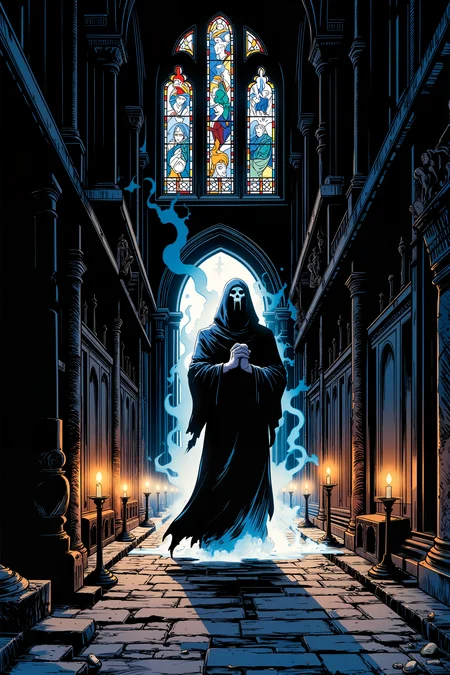 Deep within the labyrinthine halls of an ancient cathedral, a ghostly monk with hollow, sunken eyes and pale, ethereal skin drifts silently through the vast, empty corridors. His tattered robes flutter weightlessly around him, glowing faintly in the dim candlelight that flickers from forgotten alcoves and shadowy corners. The air is heavy with the scent of burning incense and old stone, and the soft sound of distant chanting echoes faintly through the vaulted ceilings, as though the ghostly prayers of the long-dead monks still linger in the shadows. The monkâs hands are clasped together in a silent prayer, and his translucent form flickers as he moves, as though he is caught between the physical world and the spirit realm. Above him, the stained-glass windows glow faintly with the last light of the setting sun, casting colorful, fragmented beams of light across the cold stone floor. The scene is one of solemn reverence, where the boundary between life and death feels thin, and the ghostly presence of the monk adds to the cathedralâs timeless, haunted grandeur. , detailed background Fantastic lighting. Detailed shadows.intricate details, vivid colors, hyper-detailed, ultra-sharp,meiman_style,This is a retro comic book style digital illustration, <lora:å¤å¤ç¾æ¼«v2:0.4><lora:Vintage comic book:0.4><lora:RetroAnimeFluxV1:0.15><lora:Greg_Capullo_style:0.4><lora:jeanClaude_Mzires_Style_FLUX-000001:0.4><lora:Flux_Ink_Anime:0.4>