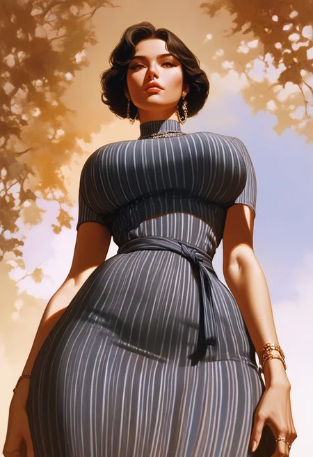 score_9, score_8_up, score_7_up, korean 1girl, mature, intricate striped dress, femdom misstres,
thick thighs, narrow waist, thick lips, under boobs,
large breasts, black hair, looking at viewer, female focus, at home, from below,
b0ris,