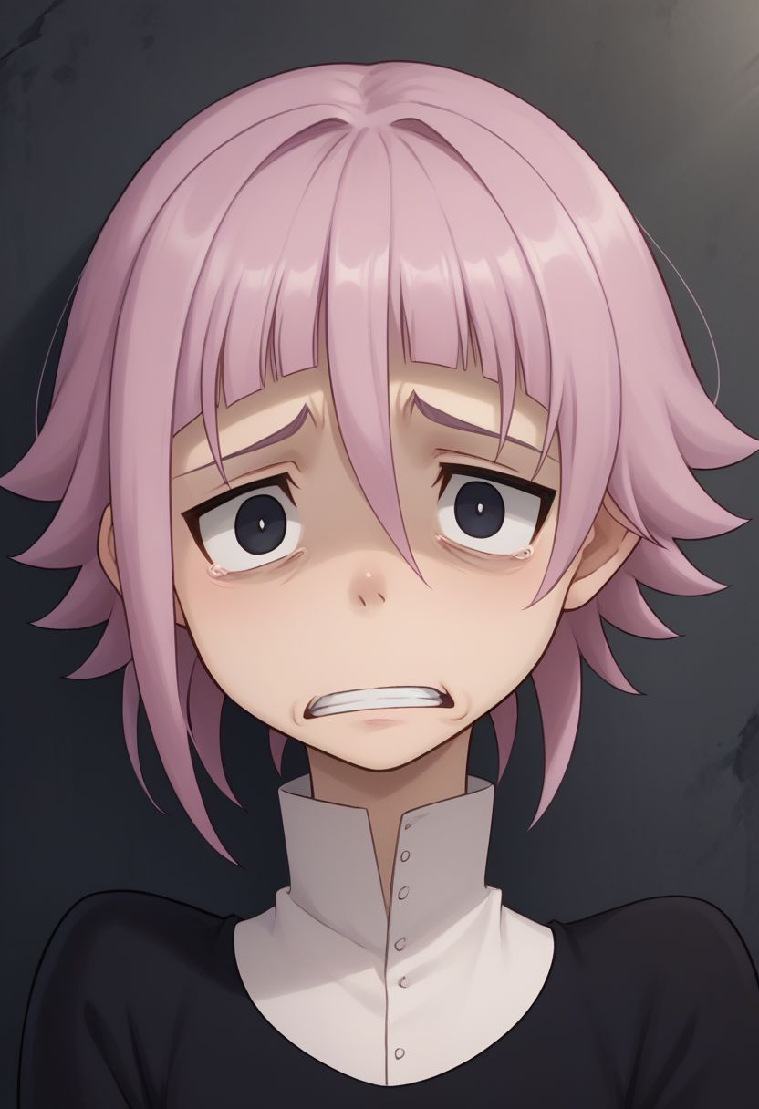 score_9, score_8_up, score_7_up, source_anime, highly detailed, 
crona, 1boy, solo, black eyes, short hair, pink hair, bags under eyes, hair between eyes, long sleeves, white shirt, shirt, dress, black dress, upper body, teeth, scared, panic, exagerated, parody, shaded face,
indoor,