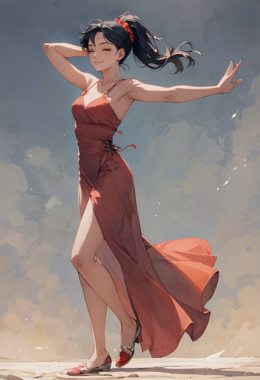 score_9, score_8_up, score_8, high detail, perfect eyes, ExpressiveH, summer, a woman dancing in the middle of a small town square 
BREAK, 1girl, 28 year old girl, cute, sexy freckles, eyes closed, medium round breasts, short wavy black hair, black hair, ponytail, brown eyes, suggestive smile, (red hair tie:0.5), red flamenco dress with white ornament, dancing shoes 
BREAK, full body shot,