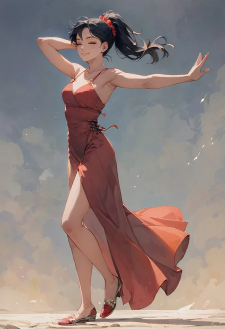 score_9, score_8_up, score_8, high detail, perfect eyes, ExpressiveH, summer, a woman dancing in the middle of a small town square
BREAK, 1girl, 28 year old girl, cute, sexy freckles, eyes closed, medium round breasts, short wavy black hair, black hair, ponytail, brown eyes, suggestive smile, (red hair tie:0.5), red flamenco dress with white ornament, dancing shoes
BREAK, full body shot,