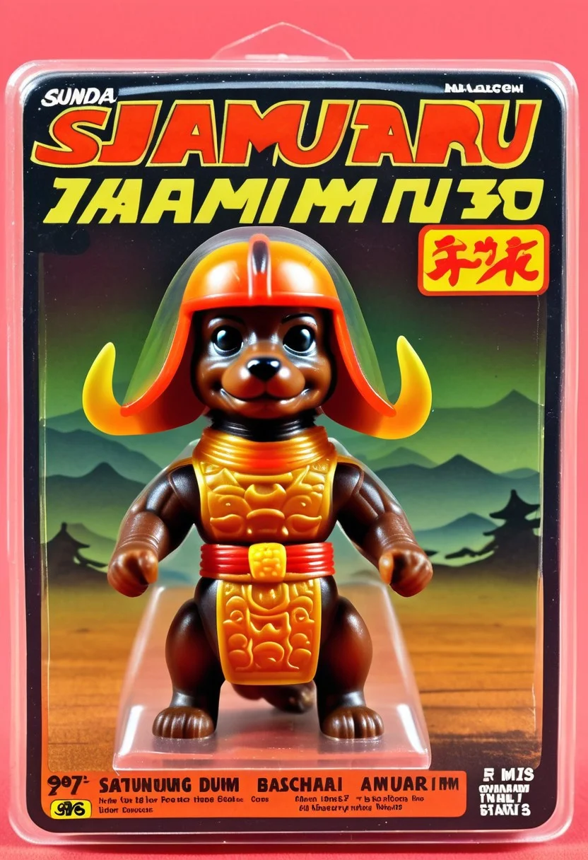<lora:1987 Action Figure Playset Packaging:1>1987 Action Figure Playset Packaging - A product photo of a 1970s japanese toy translucent dachshund samurai figure in front of packaging