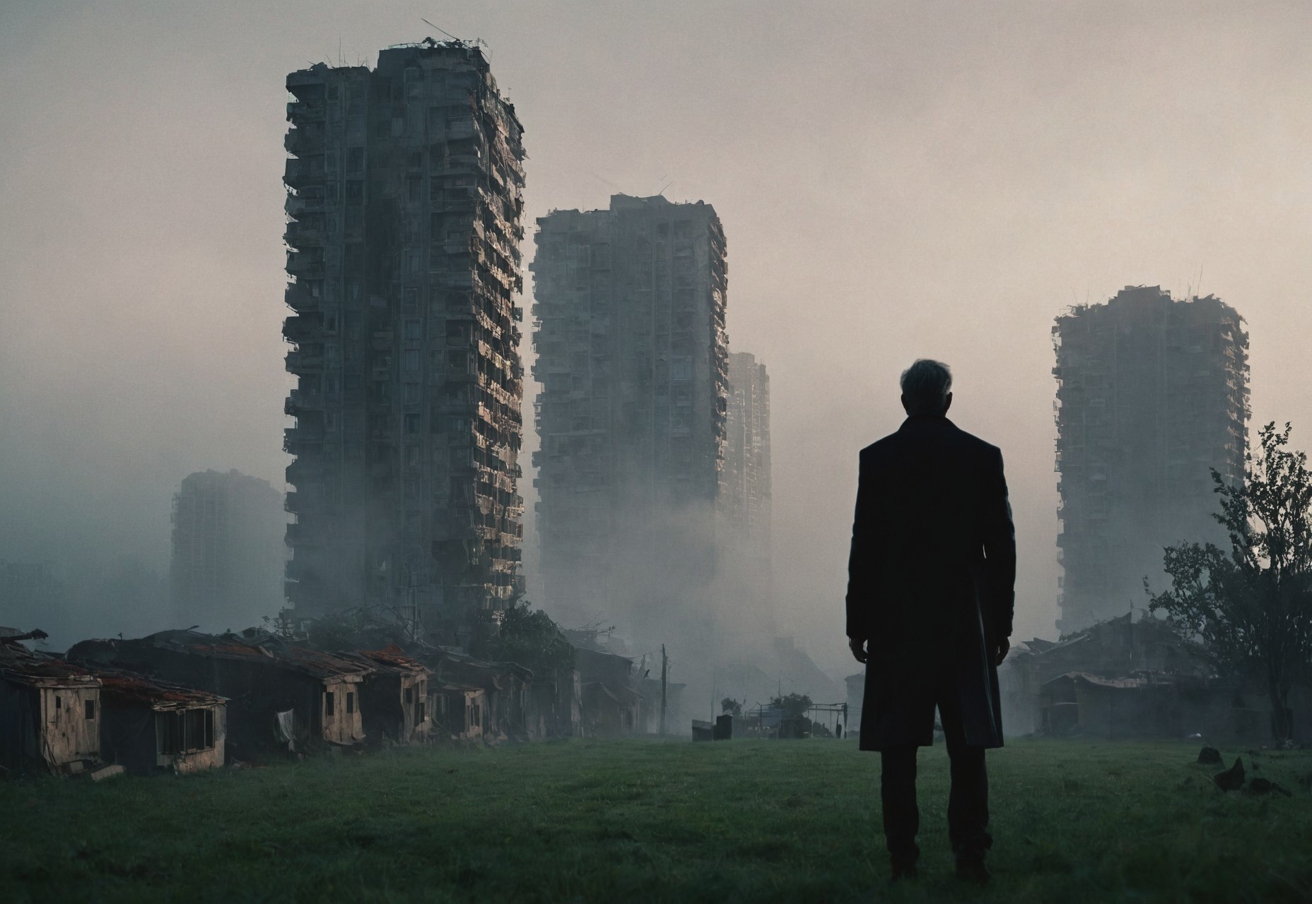 epic but calm scenery, Chiaroscuro Lighting Style, (cinematic particles in the foreground), embedding:urn:air:sdxl:embedding:civitai:98259@539032, (smart depth of field), futuristic high-rise along with the old houses, spacious, foggy morning, lawn in the middle, The person's silhouette is in the distance, 