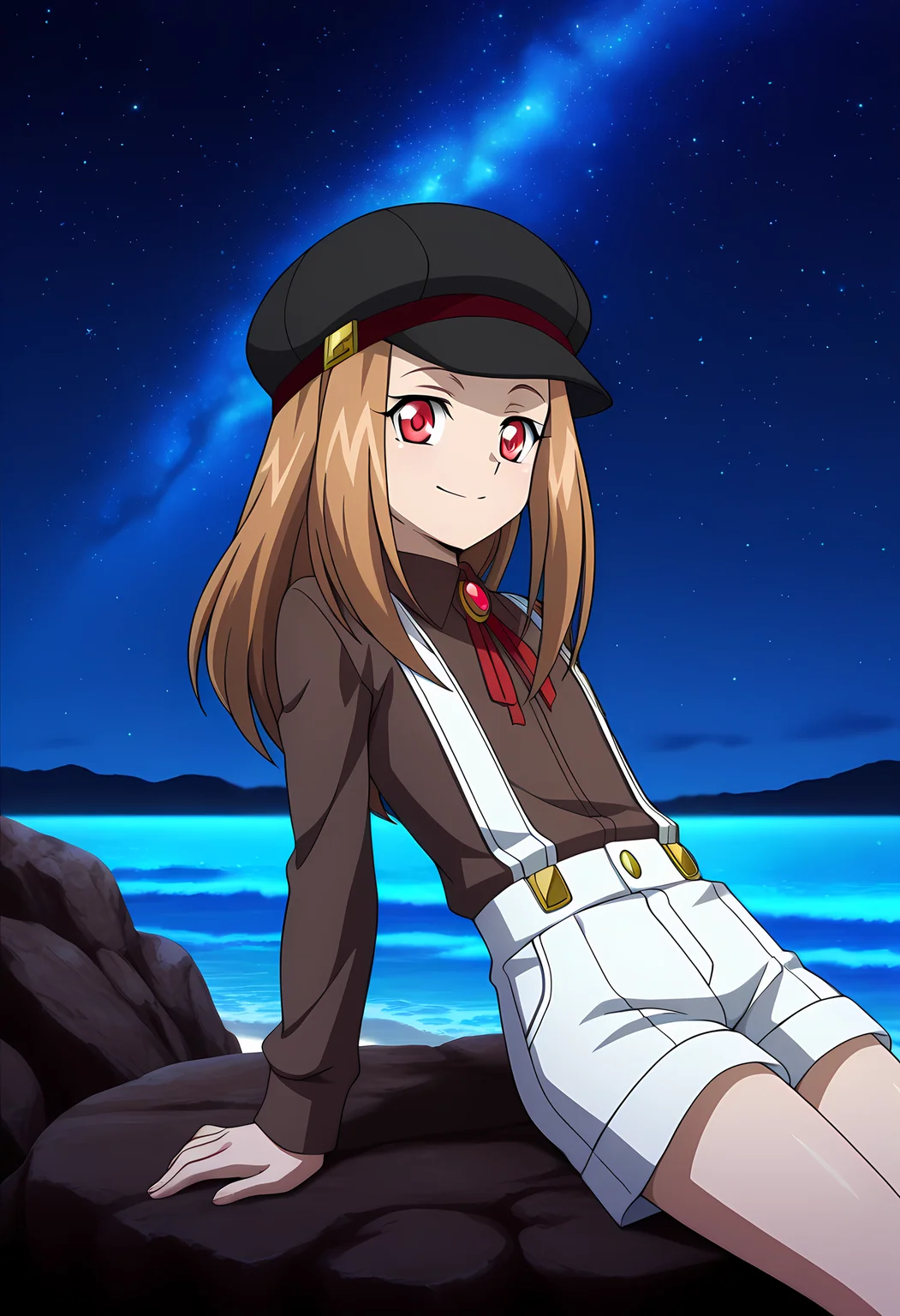 masterpiece,best quality,amazing quality,
solo,
Noa Hoshizaki (Cardfight Vanguard), long hair, brown hair,
red eyes, cabbie hat, black headwear, brown shirt, collared shirt, neck ribbon, red ribbon, long sleeves, white shorts, suspenders, suspender shorts,
looking at viewer, smile,
lying, Leaning back, on rock,
cinematic,
bloom, night, at beach, starry sky, galaxy sky, glowing blue ocean waves, blue light,
Official style, anime screencap, anime coloring,