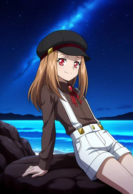 masterpiece,best quality,amazing quality,
solo,
Noa Hoshizaki (Cardfight Vanguard), long hair, brown hair,
red eyes, cabbie hat, black headwear, brown shirt, collared shirt, neck ribbon, red ribbon, long sleeves, white shorts, suspenders, suspender shorts,
looking at viewer, smile,
lying, Leaning back, on rock,
cinematic,
bloom, night, at beach, starry sky, galaxy sky, glowing blue ocean waves, blue light,
Official style, anime screencap, anime coloring,