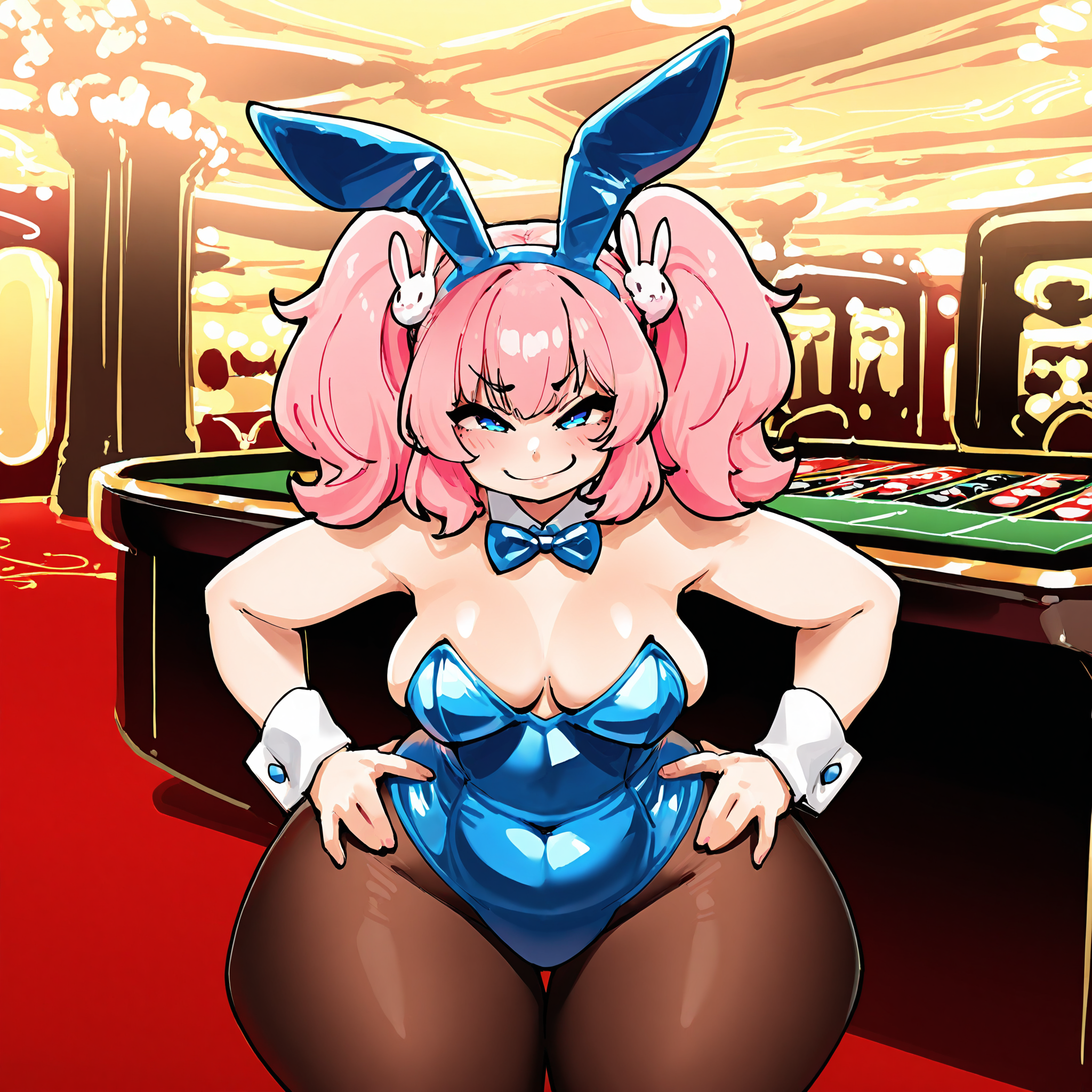 (masterpiece), best quality, (highly detailed), 1female, solo, <lora:Rr001c_style_Illustrious:0.8>, gigantic thighs, casino, bunny girl, fake bunny ears, medium breasts, pantyhose, blue leotard, pink hair, blue eyes, pigtails, standing, hands on hips, leaning forward, straight on, facing viewer, smug, plump, wide hips, bottom heavy,