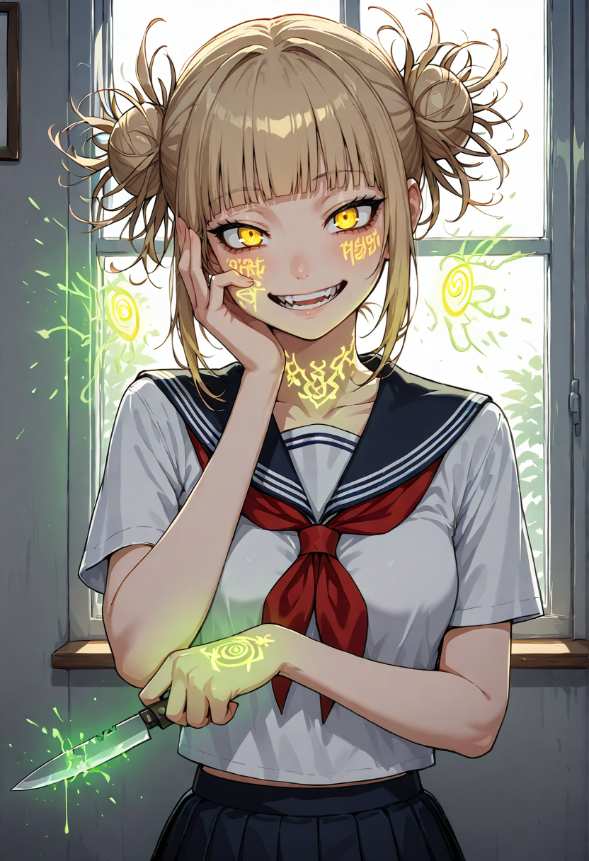 1 girl, toga himiko, solo, double bun, bun, school uniform, blonde hair, smiling, looking at viewer, yellow eyes, knife, bangs, holding knife, blunt bangs, neckerchief, short sleeves, hand on own cheek, chest, collarbone, sailor collar, upper body, messy hair, window, indoors, weapon, skirt, medium breasts,yazlobamarks,body markings,glowing,  <lora:v1_glown_marks_yazloba:1>