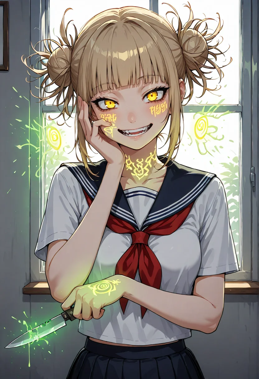 1 girl, toga himiko, solo, double bun, bun, school uniform, blonde hair, smiling, looking at viewer, yellow eyes, knife, bangs, holding knife, blunt bangs, neckerchief, short sleeves, hand on own cheek, chest, collarbone, sailor collar, upper body, messy hair, window, indoors, weapon, skirt, medium breasts,yazlobamarks,body markings,glowing, <lora:v1_glown_marks_yazloba:1>