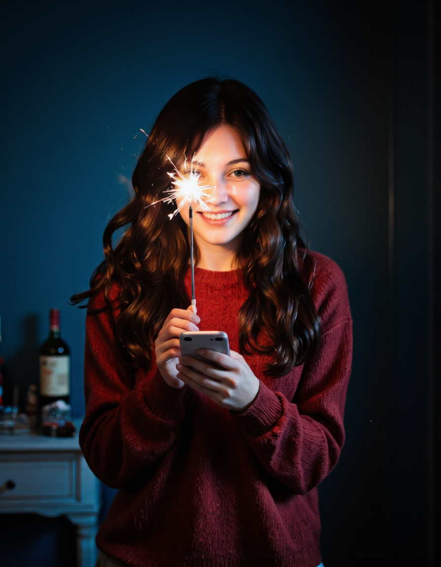 By Ibai Acevedo. A photo-realistic shoot from a front camera angle about a woman holding a sparkler in front of her face, with a glowing effect on her face. the image also shows a woman in the middle of the frame, who appears to be a young woman with long, wavy dark hair, wearing a red sweater, standing in a dimly lit room with a dark blue wall in the background. she is holding a phone in her hands and looking directly at the camera with a wide, toothy grin, her face is partially obscured by the sparkler, which is emitting a bright, glowing light that illuminates her face and the surrounding area. the woman is positioned in the center of the image, with her upper body visible, and her long, dark hair cascades down her back. her expression is one of joy, and she is wearing a maroon sweater, adding to the moody atmosphere of the scene.