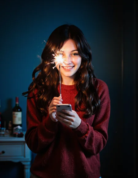 By Ibai Acevedo. A photo-realistic shoot from a front camera angle about a woman holding a sparkler in front of her face, with a glowing effect on her face. the image also shows a woman in the middle of the frame, who appears to be a young woman with long, wavy dark hair, wearing a red sweater, standing in a dimly lit room with a dark blue wall in the background. she is holding a phone in her hands and looking directly at the camera with a wide, toothy grin, her face is partially obscured by the sparkler, which is emitting a bright, glowing light that illuminates her face and the surrounding area. the woman is positioned in the center of the image, with her upper body visible, and her long, dark hair cascades down her back. her expression is one of joy, and she is wearing a maroon sweater, adding to the moody atmosphere of the scene.
