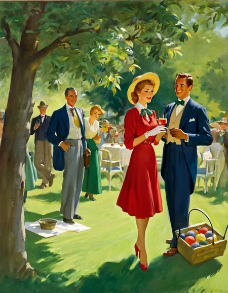 a Sundblom illustration of a lively outdoor scene, capturing a moment of playful leisure in a garden setting. A woman in a white blouse and green skirt is preparing to take a shot in a game of croquet, with an air of focus and determination. She stands with a mallet in both hands, poised on the grass, surrounded by colorful croquet balls and two wire hoops. A man in a blue suit with a bow tie observes her, his hand resting on his hip, while another man crouches nearby, wearing a straw hat and holding a drink in one hand, grinning as he engages with the scene. In the background, additional figures are relaxing near a classic red truck, adding to the casual, social atmosphere. A woman in a red dress is seen carrying a tray of food, enhancing the cheerful, communal vibe of the gathering. The scene is framed by a large tree, casting dappled shadows on the ground, suggesting a warm, sunny day.
.<lora:HSundblom1-000003:1> <
