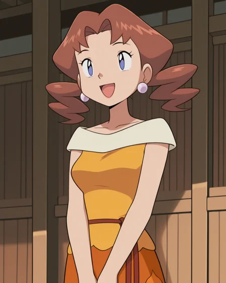 masterpiece, best quality, amazing quality, 1girl, <lora:Caroline_Pokémon:1>, carolinepok, brown hair, twintails, blue eyes, ball earrings, caroldress, yellow dress, collarbone, string belt, orange skirt, medium skirt, print skirt, open mouth, smile, v arms, dojo