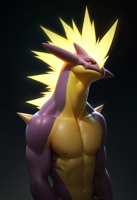 (two toned), (Male), toxtricity, pokemon, Tox_amped, purple and yellow skin, yellow spikes, spikes,
standing,
solo, black background,
(realistic, HD, good shadows, score_9, score_8_up, score_7_up),