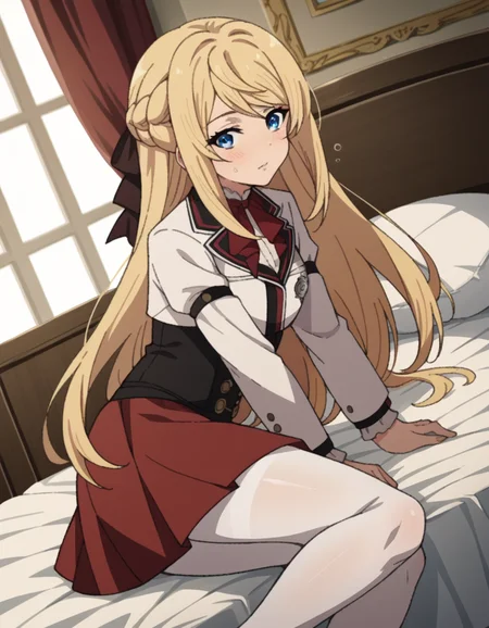 score_9, score_8_up, score_7_up, source_anime,
arielanemoiasura, <lora:ariel-anemoi-asura-s2-ponyxl-lora-nochekaiser:1>,
ariel anemoi asura, long hair, blue eyes, blonde hair, braid, french braid,
skirt, long sleeves, pantyhose, frills, shoes, red skirt, loafers, white pantyhose, blazer, white blazer, corset, black corset,
indoors, bed, bed room, on side, blush, drunk,
looking at viewer, dutch angle, cowboy shot,