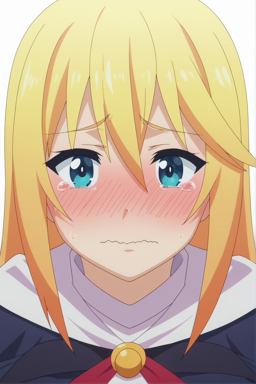 <lora:Tifa_LockhartV2:0.8>, white background, 1girl, solo, long hair, looking at viewer, blush, hair between eyes, closed mouth, tears, nose blush, wavy mouth, close-up, meme