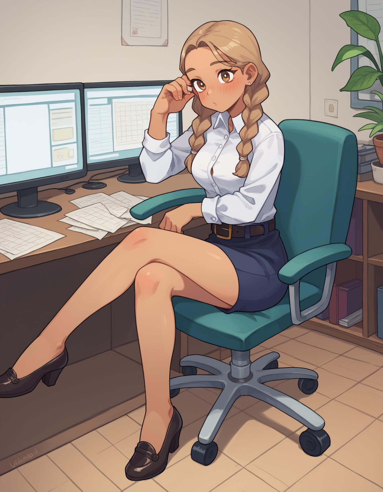 zPDXL, score_9, score_8_up, score_7_up, source_anime,
1girl, solo, (vivacious office secretary) young woman, spanish, tan skin, light brown eyes, slim build, extra long hazel double braids hair,  wearing a crisp white  tailored blazer over a silk blouse, tailored trousers, low-heeled loafers, classic leather belt, light blush,lightly defined eyebrows, set in Training Room, Educational setting with flip charts, training manuals, projector screens, stackable chairs, a podium, at night,  <lora:PossumMachine_v2:0.8> possmach