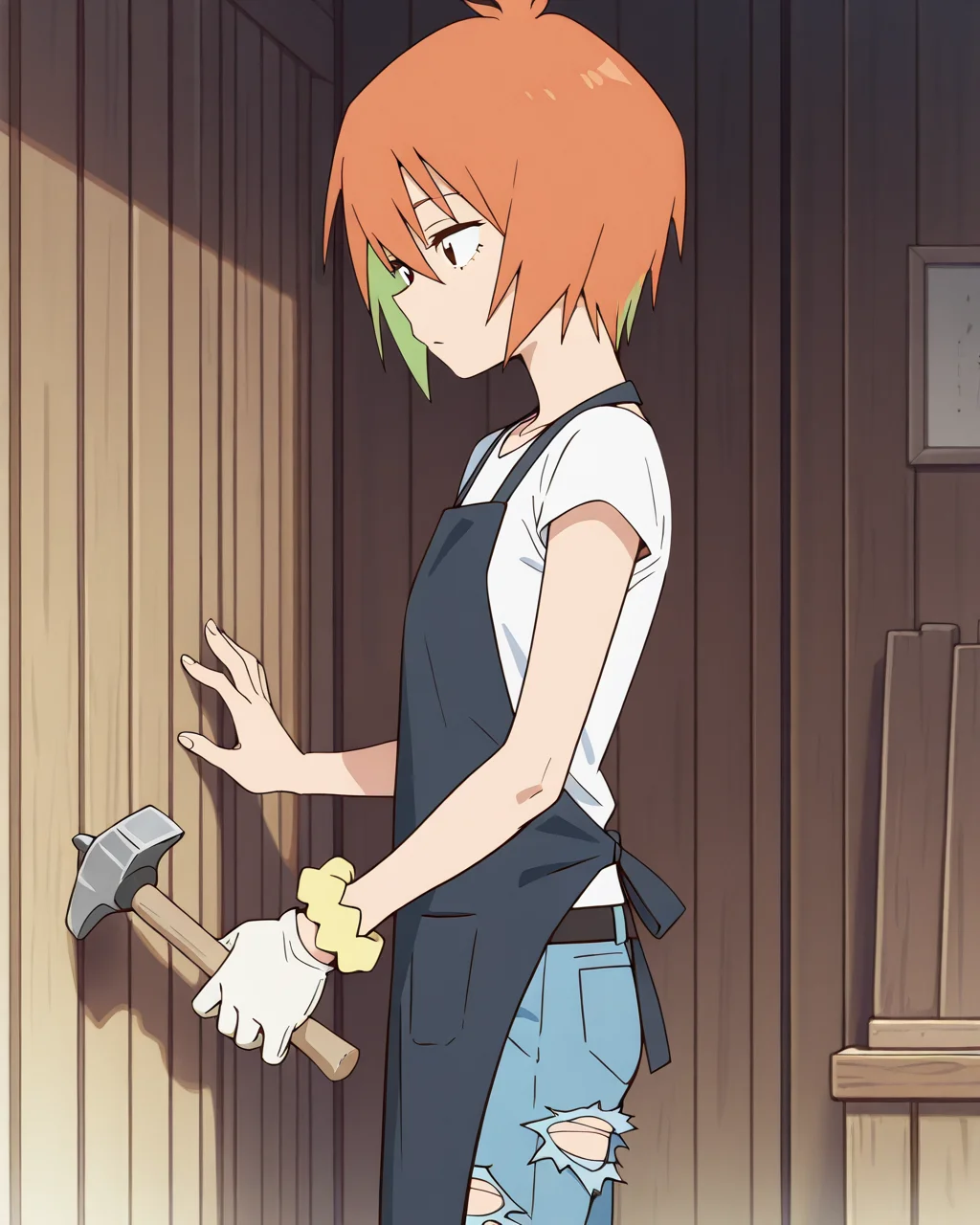 (masterpiece:1.4), (best quality:1.4), very aesthetic,best quality, amazing quality, absurdres,
1girl,solo,yasaku_rei, orange hair,brown eyes, short hair, , multicolored hair,one wrist scrunchie,
<lora:yasaku_rei:1>
white shirt,short sleeve, ,denim pants, torn pants, wrist scrunchie, belt, t-shirt, apron
from side,holding small hammer,holding nails,white work gloves,against wooden wall
indoor,from side,