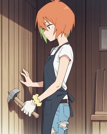 (masterpiece:1.4), (best quality:1.4),  very aesthetic,best quality, amazing quality, absurdres,
1girl,solo,yasaku_rei, orange hair,brown eyes, short hair, , multicolored hair,one wrist scrunchie,
 <lora:yasaku_rei:1>
 white shirt,short sleeve, ,denim pants, torn pants, wrist scrunchie, belt, t-shirt, apron
from side,holding  small hammer,holding nails,white work gloves,against wooden wall
indoor,from side,