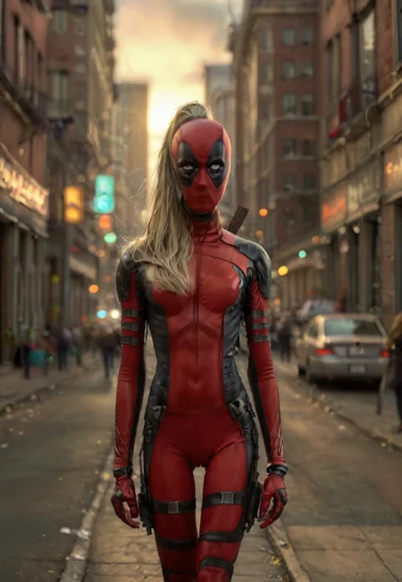 1girl, ((tall skinny model)), 25 years old,    LadyDeadpool, bodysuit, small A cup breasts, skinny toned body, blonde hair, long hair, best quality, ultra-HD, volumetric lighting, HDR, natural lighting, 
(((Walking forwards, thigh gap))), focus on girl, (((close up from thighs to head))), on a street in New York 