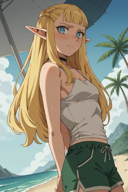 score_9, score_8_up, score_7_up, source_anime, 1girl, prefect lighting, very aesthetic, intricate details, highly detailed background, masterpiece, high quality, prefect hands, best quality, solo,
<lora:Pattadol_Dungeon_Meshi_V1:.85>, blonde hair, light blue eyes, pointy ears, pointy nose, braid, long hair,
green shorts, white tank top, black choker,
from side, arms behind back, looking back, embarrassed, heavy blush,
beach, sunny, umbrella, palm tree, mountains, ocean, shoreline,
(Beautiful, small Breasts:1.2), natural breasts,