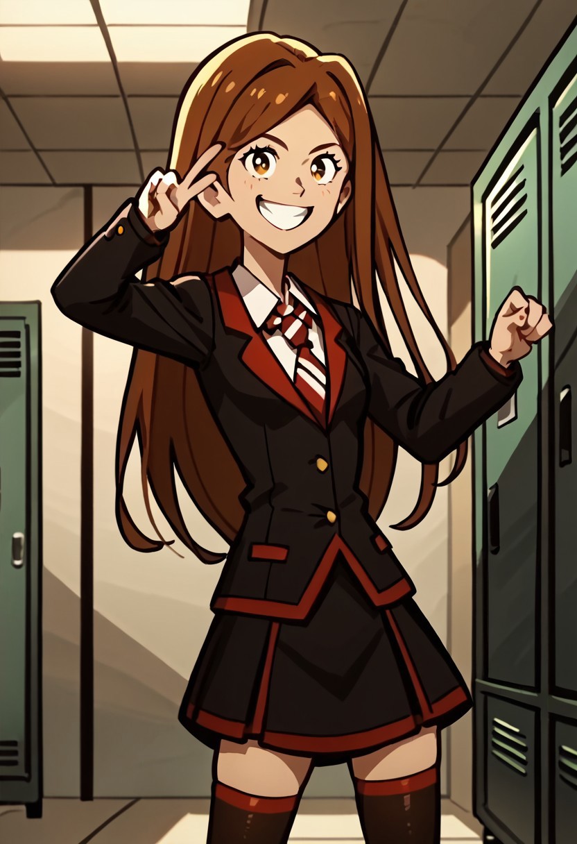 source_anime, anime_screencap, anime_coloring, score_9, score_9_up, score_8, score_8_up, score_7, score_7_up, score_6, score_6_up, highres, Rating_Safe, 
G2, 1girl, brown hair, long hair, dot eyes,
school uniform, jacket, necktie, skirt, socks, thighhighs, black shoes
smiling, grin, teeth, v, victory pose, locker room, indoors, grey walls, crowds, cowboy shot, dutch angle, solo