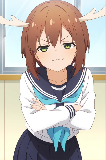 detailed background, official style,anime coloring, (anime screencap) masterpiece, detailed face,1girl <lora:Noko_Shikanoko (1):0.8>Shikanoko, school uniform, brown hair, white shirt, crossed arms, antlers, solo, green eyes, serafuku, blue neckerchief, shirt, long sleeves, sailor collar, smug, neckerchief, v-shaped eyebrows, short hair, closed mouth, indoors, smile, :3, skirt, bangs, bent over