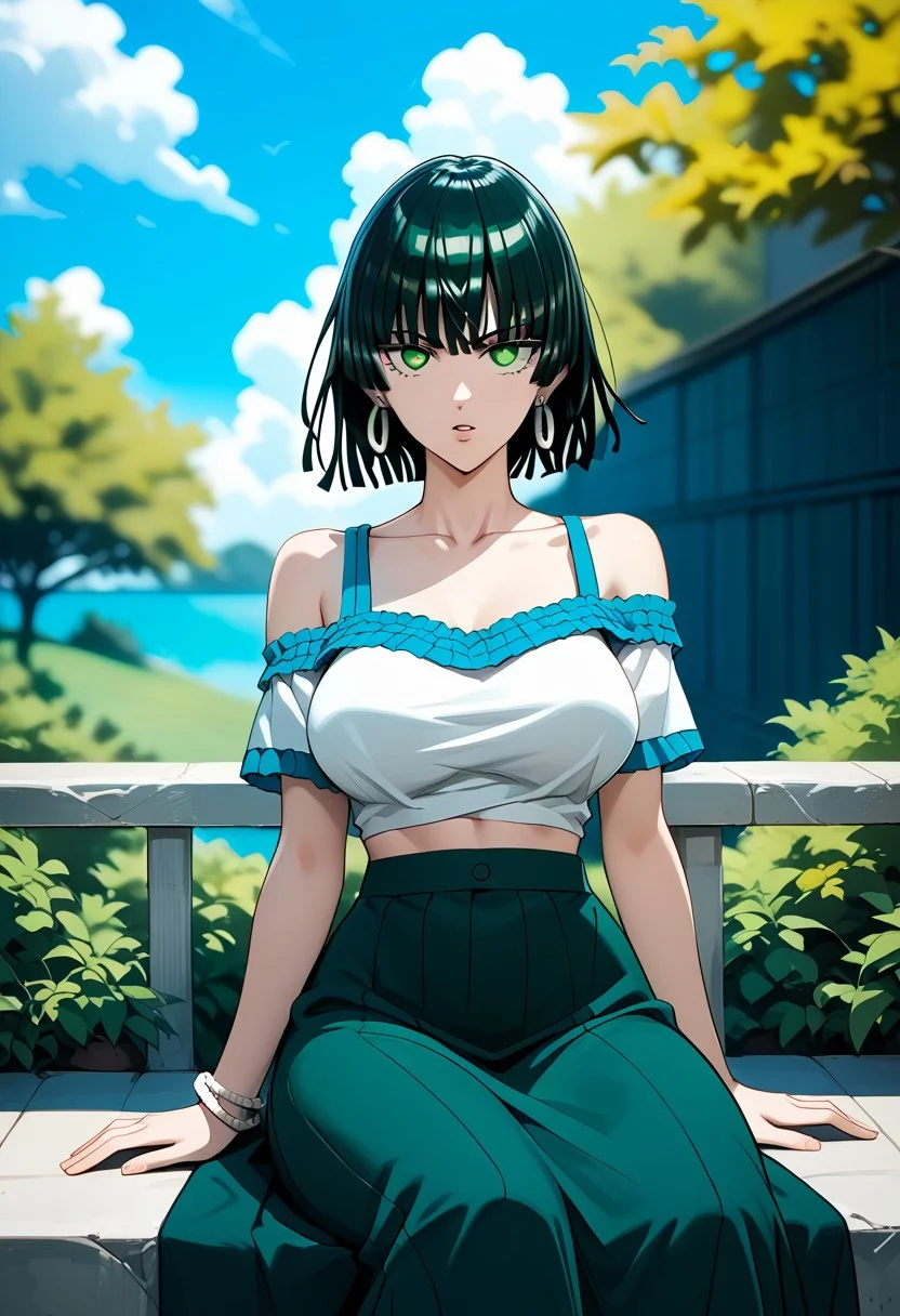 score_9,score_8_up,score_7_up,source_anime, FUBUKI_(ONE_PUNCH_MAN),1girl,solo,breasts,looking at viewer,shirt,large breasts,skirt,navel,jewelry,bare shoulders,sitting,collarbone,white shirt,outdoors,earrings,parted lips,sky,day,midriff,cloud,off shoulder,blurry,bracelet,crop top,blue skirt,blurry background,casual,long skirt,off-shoulder shirt,