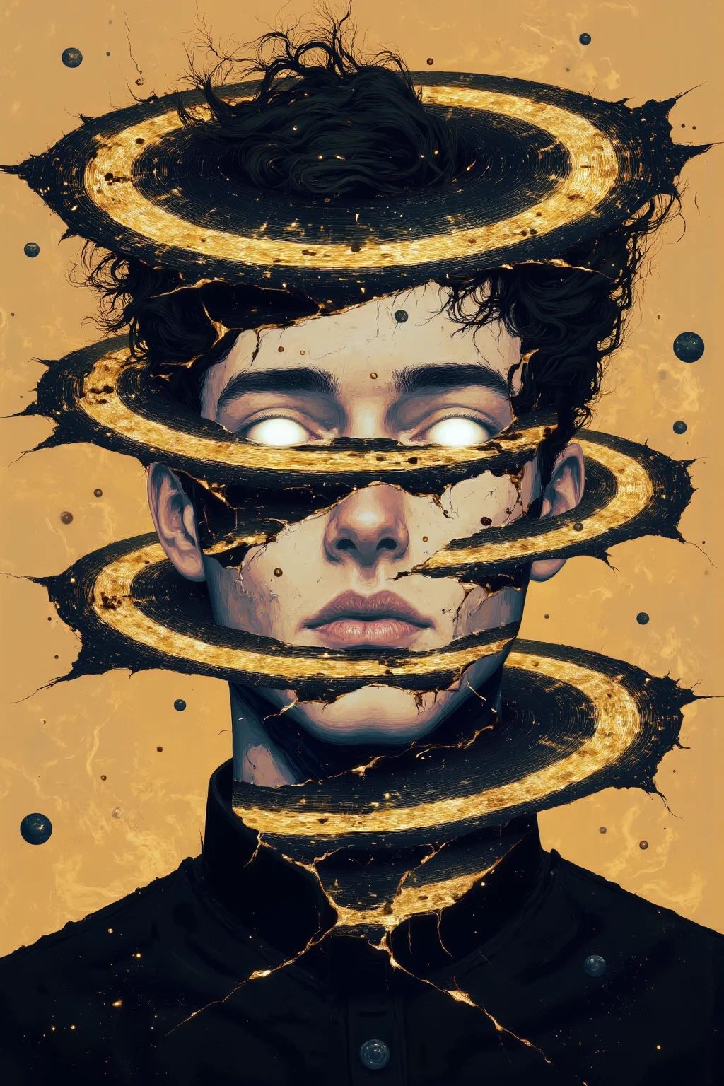 CynthiaPortrait. A surreal flat-style portrait of a man whose head is breaking apart into multiple layers, each layer suspended and spinning **** planetary rings. Each layer is painted in metallic hues of bronze, cobalt blue, and emerald green, with glowing runes etched along the edges. His central face is blank and smooth, save for glowing white eyes that pierce through the layers. His hair is rendered as fragmented shards, floating outward in jagged patterns. The background is a swirling gradient of deep indigo and golden orange, with faint planetary motifs scattered throughout.