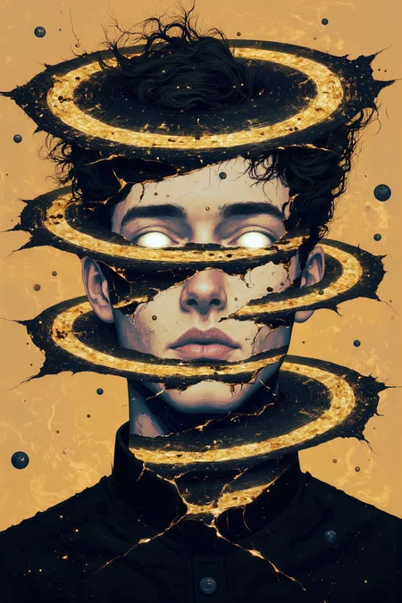 CynthiaPortrait. A surreal flat-style portrait of a man whose head is breaking apart into multiple layers, each layer suspended and spinning **** planetary rings. Each layer is painted in metallic hues of bronze, cobalt blue, and emerald green, with glowing runes etched along the edges. His central face is blank and smooth, save for glowing white eyes that pierce through the layers. His hair is rendered as fragmented shards, floating outward in jagged patterns. The background is a swirling gradient of deep indigo and golden orange, with faint planetary motifs scattered throughout.