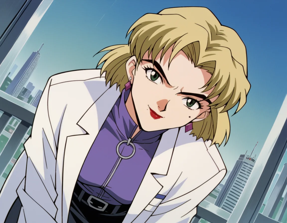 score_9, score_8_up, score_7_up, source_anime,
ritsukoakagi,  <lora:ritsuko-akagi-classic-ponyxl-lora-nochekaiser:1>,
ritsuko akagi, short hair, blonde hair, mole, mole under eye, parted bangs, green eyes,
lipstick, skirt, jewelry, pantyhose, earrings, belt, pencil skirt, labcoat, shirt, purple shirt, turtleneck, zipper,
cityscape, bent over, smile,
cowboy shot, looking at viewer, solo, dutch angle,
