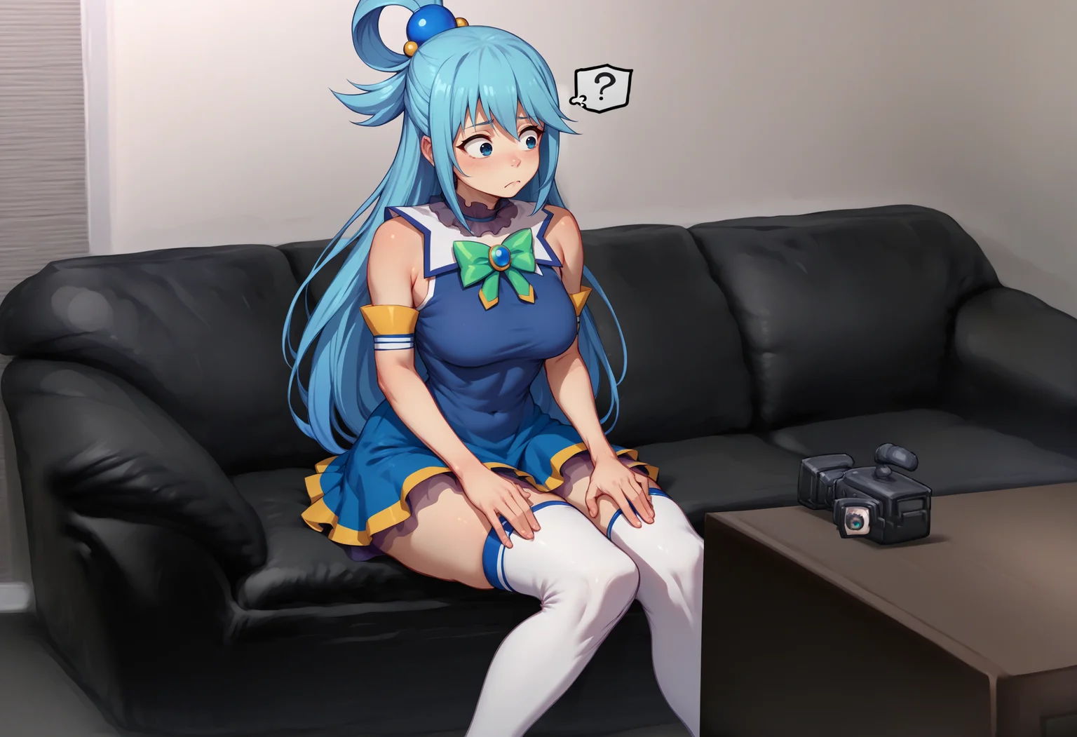 score_9, score_8_up, score_7_up, source_anime, 1girl, casting couch, couch, <lora:CastingCouch_XLPD:1>, sitting, aqua \(konosuba\), blue dress, thighhighs, confused, question mark, ?, shy, hands on thighs,