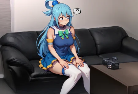 score_9, score_8_up, score_7_up, source_anime, 1girl, casting couch, couch, <lora:CastingCouch_XLPD:1>, sitting, aqua \(konosuba\), blue dress, thighhighs, confused, question mark, ?, shy, hands on thighs,