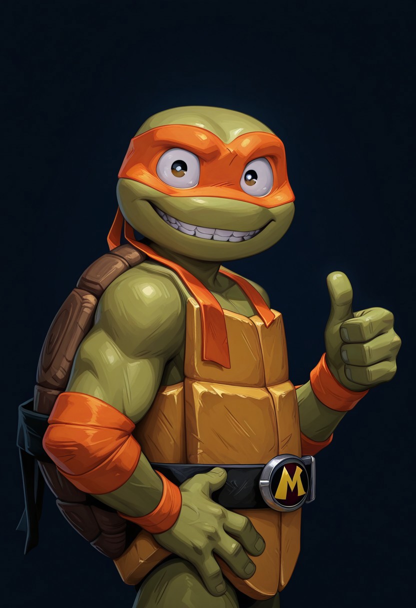 1boy, mikey, orange mask, teeth braces, upper body, looking at viewer from side, from front, thumbs up, hand on hips, tmnt,