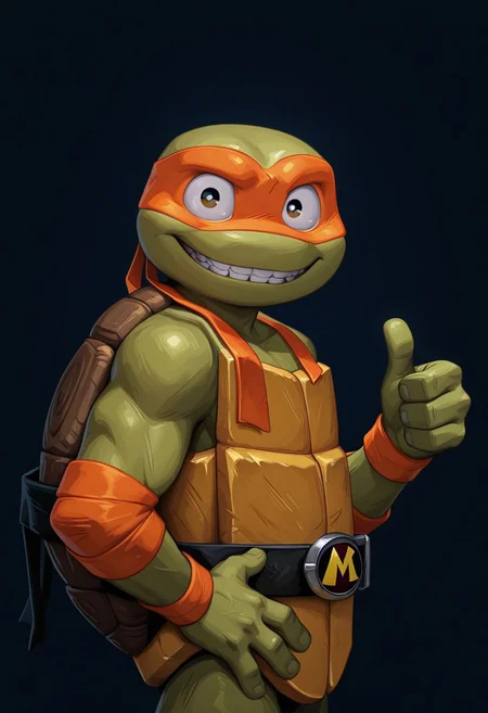 1boy, mikey, orange mask, teeth braces, upper body, looking at viewer from side, from front, thumbs up, hand on hips, tmnt,