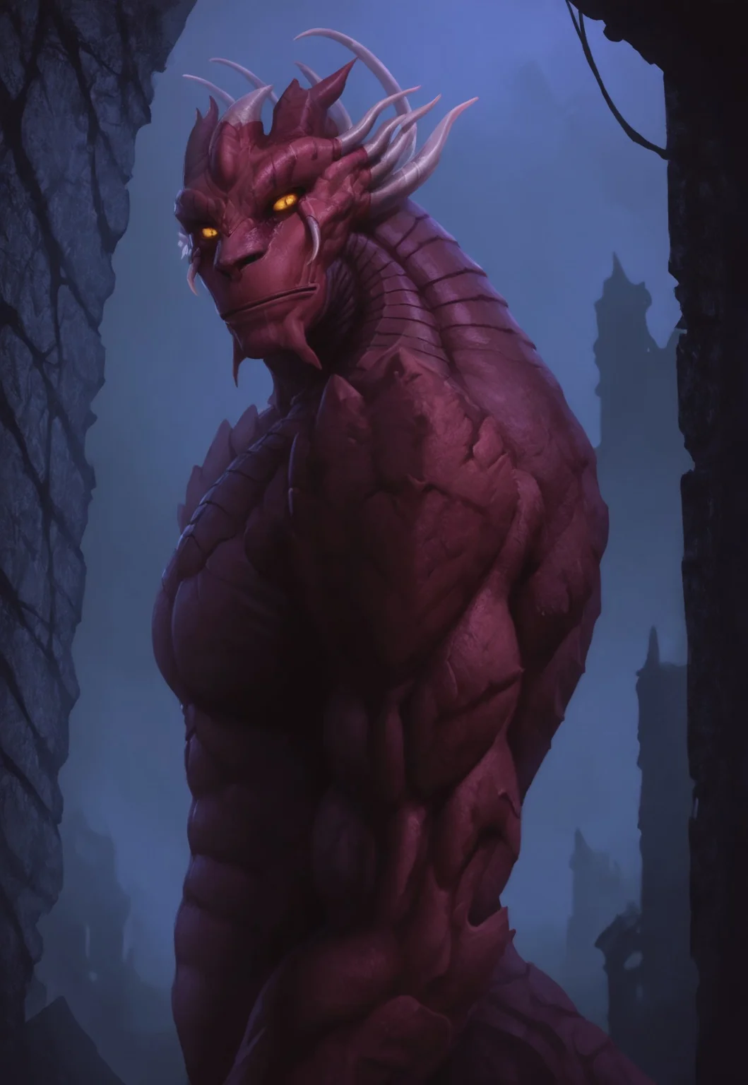 score_9, score_8_up, score_7_up, solo, front view, male, Belloc, Monster, kaiju, sharp teeth, claws, tail, horns, yellow eyes, glowing eyes, Purple scales, long neck, Chitin armor, source_anime, 1boy, solo, muscular:0.8, hands, happy face, smile, (((side view, looking at viewer)))
BREAK
city, ruins, back alley, outside, night,