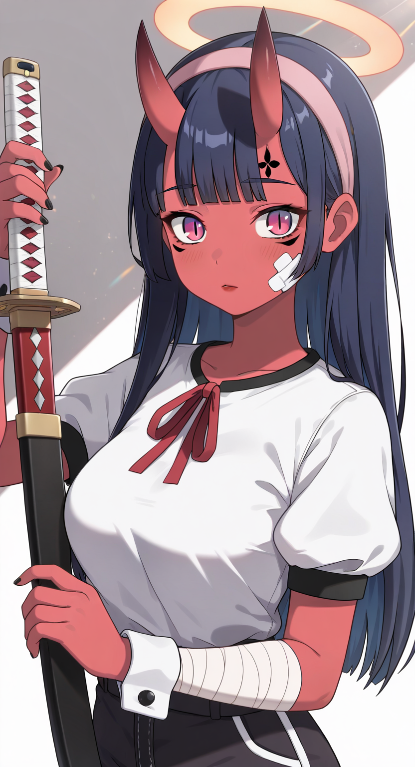 masterpiece, cute, lovely, newest, absurdres, (best quality:1.3), amazing quality, very aesthetic, 1girl, solo, high_resolution, hq, 4k, BREAK. high gradient eyes, very cute, light particles, cute details, cute colors, mature woman, (Kamuo_Style), red skin, oni, oni horns, dark blue hair, straight hair, blunt bangs, pink eyes, slit pupils, (medium breasts:1.2), sagging_breasts, BREAK, bandaid on face, bandaid, bandaid on cheek, forehead mark, parted lips, wrist cuffs, neck ribbon, short sleeves, fingernails, shirt, hairband, puffy short sleeves, puffy sleeves, shorts, t-shirt, bandages, sheath, sword, solo, holding, simple background, grey background, upper body, halo, facial mark, nail polish, closed mouth, red ribbon, black nails, bandaged arm, holding weapon, light frown, light rays, pink hairband, red lips, scabbard, weapon, white shirt, masterpiece, best quality, very aesthetic, intricate details, vivid colors, smooth shading, dynamic lighting, professional illustration, soft gradients, balanced composition, elegant pose, high-resolution, sharp focus, 8k, hdr, crisp lines, perfect lighting, sharp eyes, detailed eyes, highly detailed