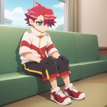 score_9,score_8_up,score_7_up,score_6_up,score_5_up,score_4_up,sakko otori,sitting,gloves,solo,shorts,black gloves,frown,shoes,1boy,red footwear,red shorts,male focus,closed mouth,high collar,full body,indoors,white-red jacket,looking to the side,sneakers,shirt,zipper pull tab,black shorts,anime screenshot,<lora:Myth_of_Emotions_V1-1:1>,