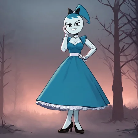 (Masterpiece, best quality:1.2), score_9, score_8_up, flat color, flat shading, soft shading, lighting, Jenny Wakeman as an adult, (((in a 1950's full length formal dark blue dress, a white belt, a fluffy frilly ruffled full white petticoat, and black high heels))), dress, layered petticoat, frilly petticoat, fluffy petticoat, full petticoat, detailed petticoat, wide skirt, detailed outfit, flowing skirt, (((long skirt))), (((solid dark blue colored dress, black high heels))), blue hair, series accurate, cute, best high quality, high res, robot, humanoid robot, (((giant breasts, cleavage))), whole body shot, 1girl, (((solo, outside, in a dark creepy forest, at night, heavy fog surrounding her, fog, heavy fog, looking at you, low angle))), (((evil, evil smile, determined evil eyes, posing gracefully and evilly))), low angle shot, cartoon, cartoon style, vector, solo, circle dress, 1950s, dance dress jenny, jenny wakeman, 1girl, solo, robot joints, black eyes, white skin, ponytail, hair bow, blue rose chest corsage, poofy dress, blue hair, flat lighting,