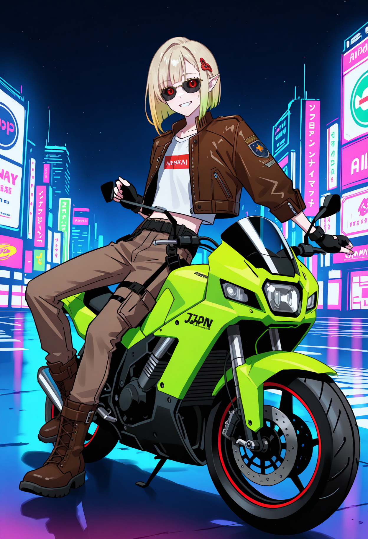 lineart, sketch,
solo,
1boy, trap, pointed ears, small eyes, black sclera, red eyes, bob hair, ((blonde hair), green hair, gradient hair), skinny, smile, happy,
hair ornament, brown military pants, white t-shirt, crop leather jacket, boots, (sunglasses), fingerless gloves, good hands,
night, japan city, cyberpunk,
sitting on motorcycle, suzuki, green motorcycle,
<lora:hamafuguIL-style:1>,hamafugustyle,