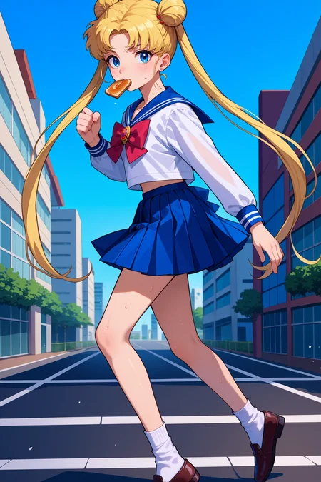 score_9, score_8_up, score_7_up, score_6_up, source_anime, 1girl, solo, <lora:sailormoon-pdxl-nvwls-v1_1-000005:1> slrmn, twintails, double bun, blonde hair, blue eyes, very long hair, parted bangs, stud earrings, blue sailor collar, white shirt, long sleeves, red bowtie, brooch, blue skirt, pleated skirt, school uniform, running, toast in mouth, sweat, blue sky, city, hands up, motion blur, from side, white socks, shoes, looking at you