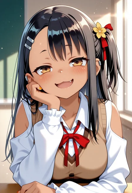 masterpiece, cute, lovely, (best quality:1.3), (amazing quality:1.3) ,very aesthetic, 1girl, solo, blush, (medium breasts:1.2), face satisfied, high gradient eyes, Nagatoro_Hayase_Style, black_hair, brown_eyes, bangs, long_hair, hairclip, hair_ornament, straight_hair, very cute, light particles, cute details, cute colors, naughty face, smug, BREAK, blush, brown vest, clothing cutout, flower, frilled sleeves, frills, hair ornament, hair ribbon, hand on own cheek, hand on own face, head rest, looking at viewer, neck ribbon, one side up, open mouth, red ribbon, ribbon, shirt, shoulder cutout, sunlight, upper body, vest, white shirt, yellow flower, bow, hair flower, jacket, smile, collared shirt, long sleeves, red bow, white jacket,:d, orange nails, frilled collar, eighth rest, hand on own chin