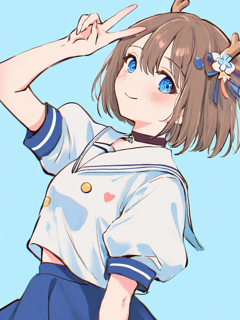 kano, 1girl, solo, blue eyes, brown hair, (antlers:1.2), blush, skirt, short hair, choker, looking at viewer, short sleeves, blue background, sailor collar, blue skirt, simple background, closed mouth, smile, hair ornament, puffy short sleeves, v, puffy sleeves, hair between eyes,
(yuza:1.2),(sakaya313:1),(lillly:0.6),(watanabe tomari:0.9),(moto_murabito:0.625),(haoni:0.7), <lora:kano_ill_11_laji-000008:1>