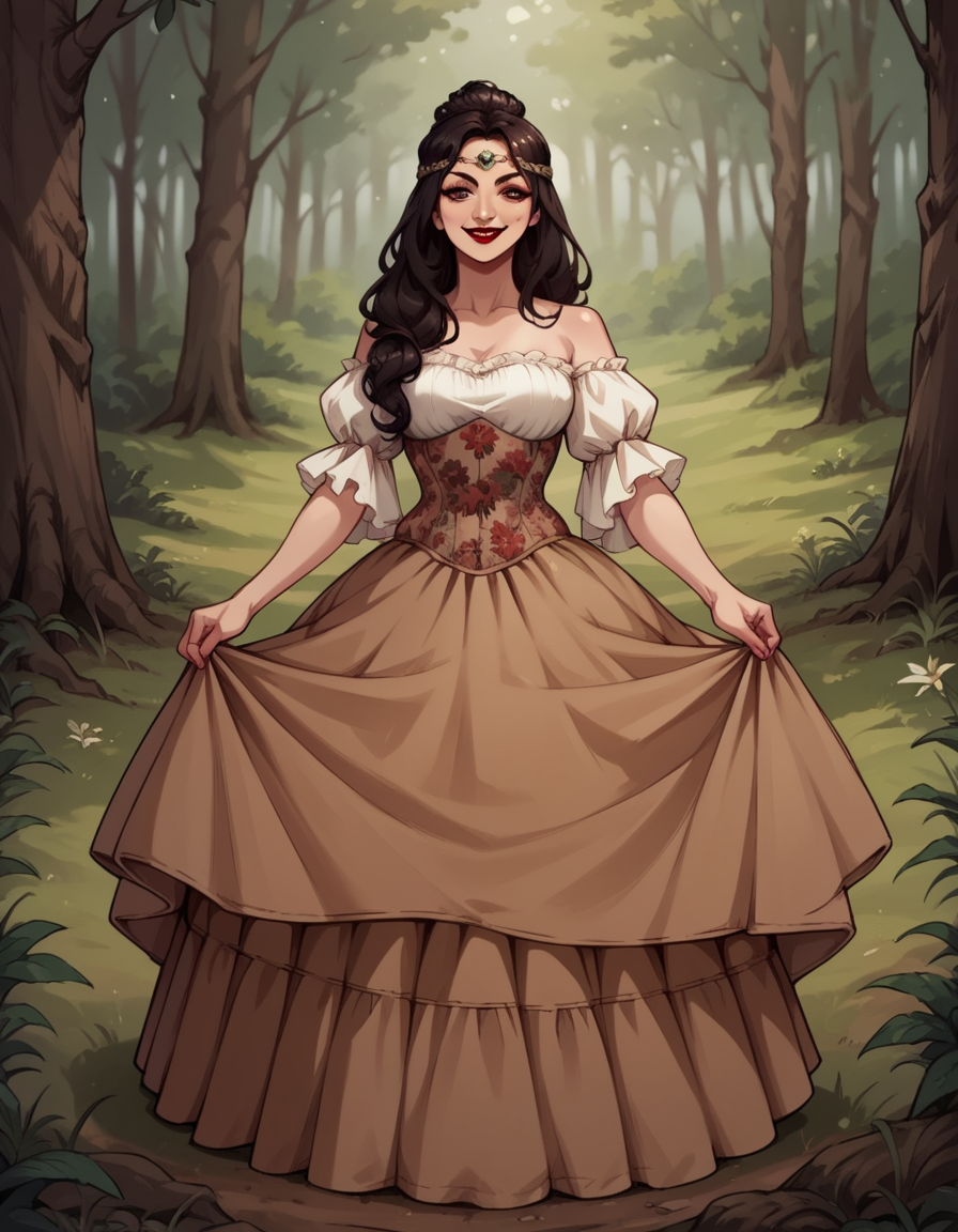 score_9, score_8_up, score_7_up, score_6_up, score_5_up, score_4_up, source_anime, 1girl, long black updo hair, full body, smile, makeup, red lipstick, hud_forest_fairy_dress, white and brown dress, puffy sleeves, brown floral corset, silver circlet, bare shoulders, wings, <lora:forestfairyxlp_epoch_8:0.8>,
