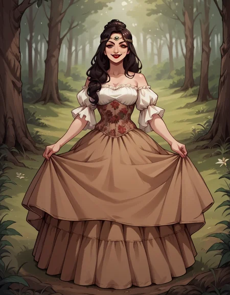 score_9, score_8_up, score_7_up, score_6_up, score_5_up, score_4_up, source_anime, 1girl, long black updo hair, full body, smile, makeup, red lipstick, hud_forest_fairy_dress, white and brown dress, puffy sleeves, brown floral corset, silver circlet, bare shoulders, wings, <lora:forestfairyxlp_epoch_8:0.8>,