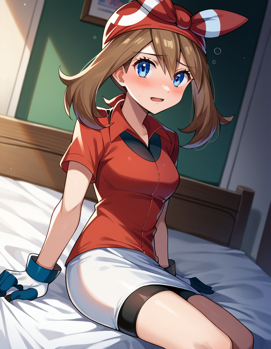 score_9, score_8_up, score_7_up, source_anime,
pokemonmay, <lora:pokemon-may-ponyxl-lora-nochekaiser:1>
pokemonmay, blue eyes, brown hair, bandana, long hair, red bandana, twintails, hair between eyes,
bike shorts, collared shirt, gloves, microskirt, multicolored shirt, pencil skirt, red shirt, shirt, short sleeves, skirt, white skirt,
indoors, bed, bed room, on side, blush, drunk,
looking at viewer, cowboy shot, dutch angle,